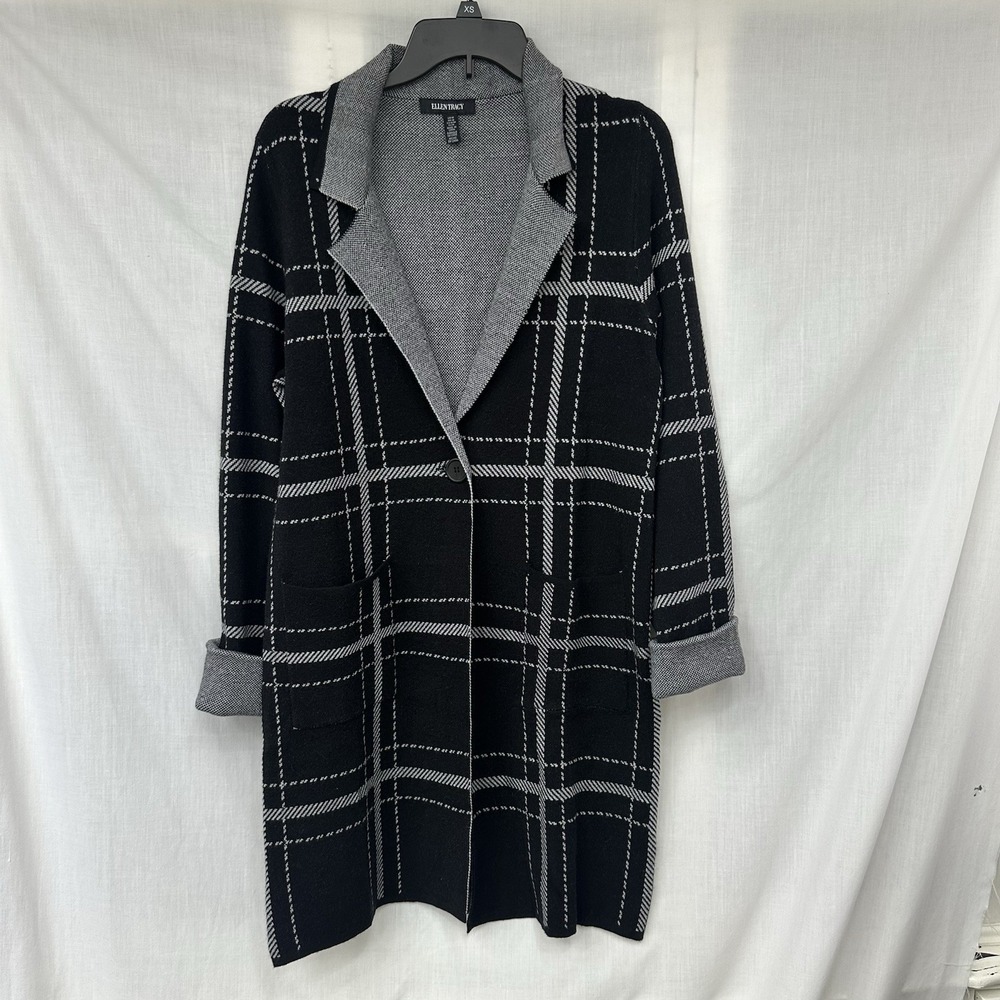 Ellen Tracy Women's Medium Open Front Knit Cardigan Sweater Black Plaid Jacquard
